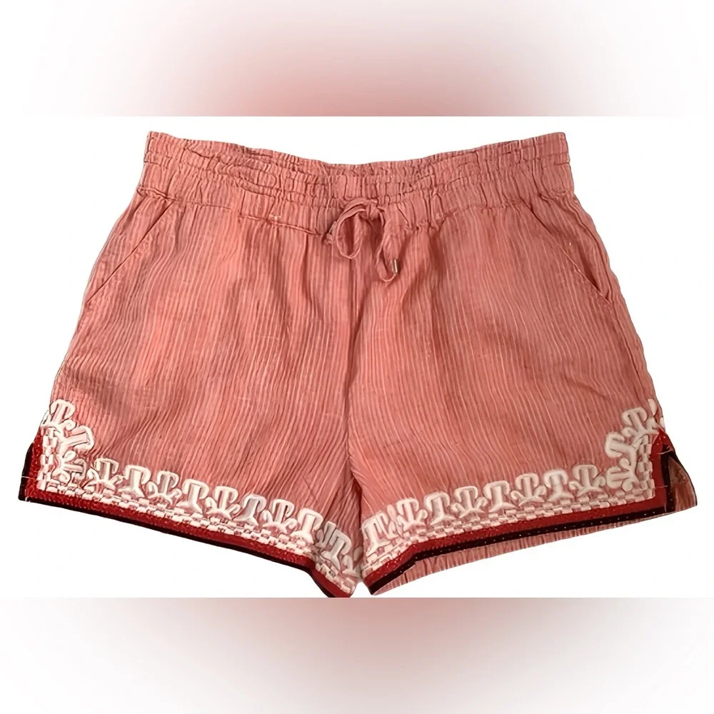 Anthropologie Beach Comber Linen Coral Embroidered High-Rise Shorts Size small